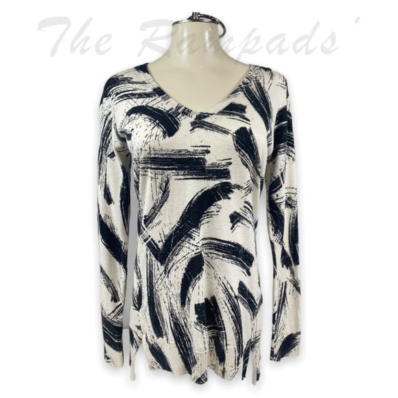 Vince Camuto Black and White Painted Abstract Pattern Long-sleeve Tunic … - Picture 1 of 8